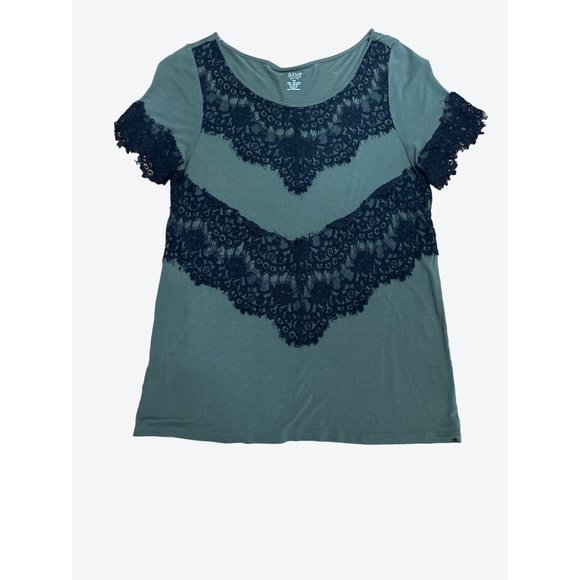 A.N.A. A New Approach Olive Green Black Lace 100% Rayon Short Sleeve Blouse Size - Picture 8 of 8